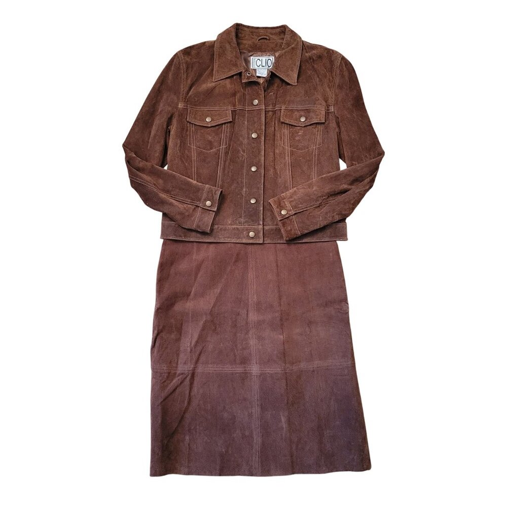 NEW Vintage Clio‎ 12 Brown Genuine Leather Suede Jacket Skirt Set